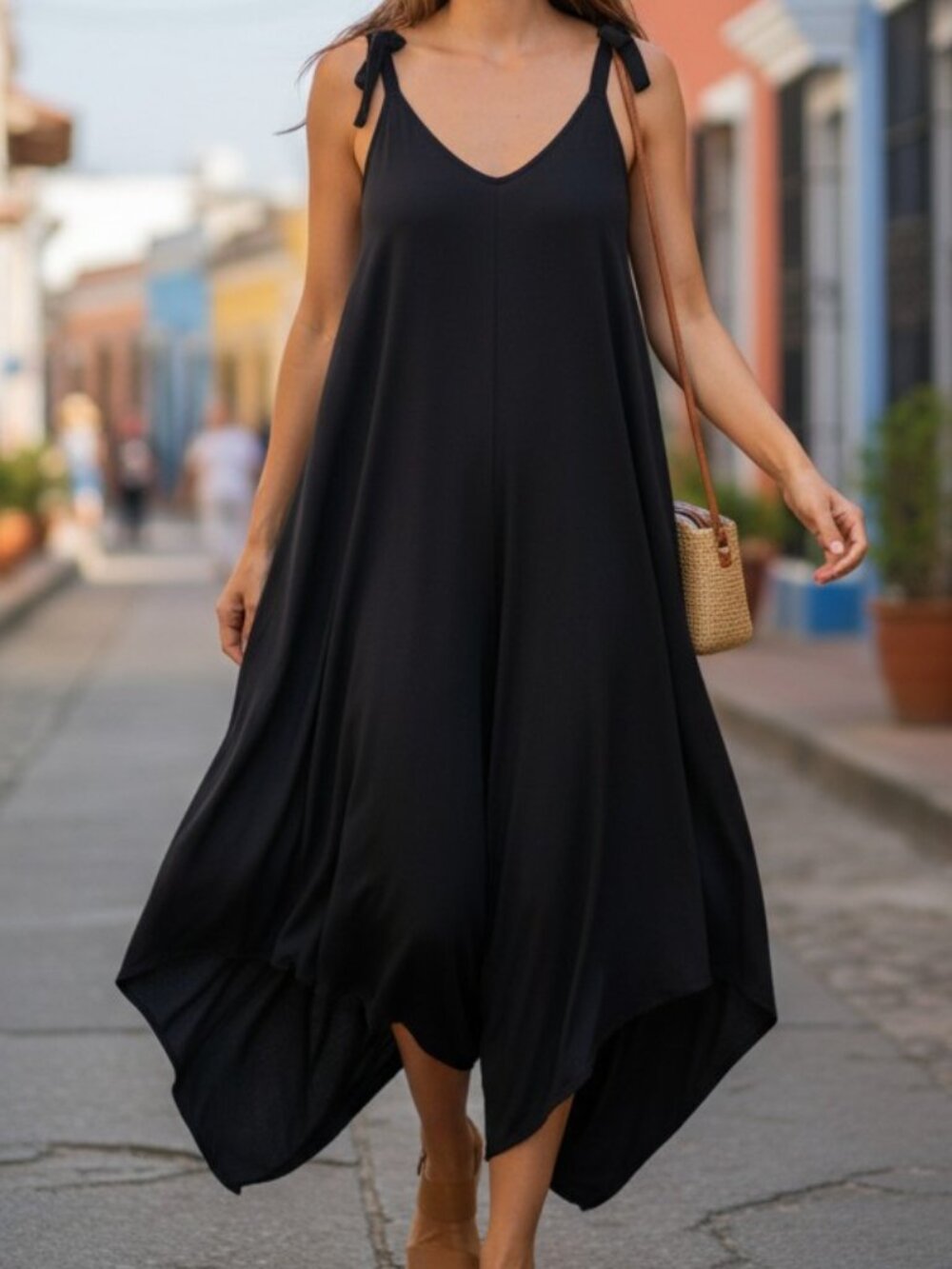 Vince Camuto Black Rayon Draped Harem Jumpsuit Tie Shoulder V-Neck Size XS